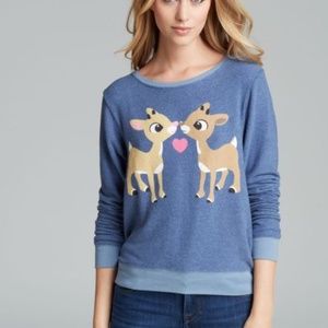 Women's Blue Pullover Reindeer Kiss